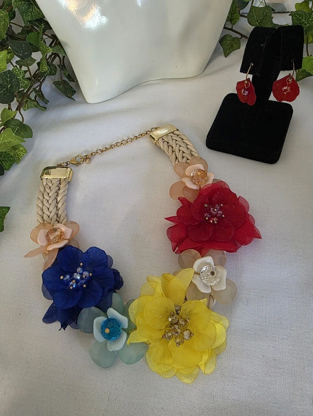Vibrant Floral Statement Choker Necklace Set Fabric Acrylic Flowers Braided Cord